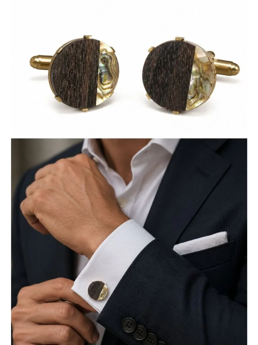 Vtg 1970s SWANK Abalone Mother of Pearl Laminated Wood Panel Goldtone Cuff Links
